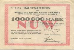 Hamburg - Norddeutsche Union-Werke, Werft, Maschinen- und Waggonbau AG, Rödingsmarkt 72 - 15.8.1923 - 30.9.1923 - 1 Million Mark