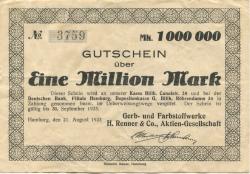 Hamburg - Renner, H., & Co AG, Gerb- und Farbstoffwerke, Billhorner Canalstr. 20 - 21.8.1923 - 30.9.1923 - 1 Million Mark
