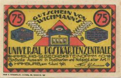 Hamburg-Sankt Georg - Wichmann, Rudolf, Universal Postkarten-Zentrale, Steindamm 101 - 1.6.1921 - 1.9.1922 - 75 Pfennig