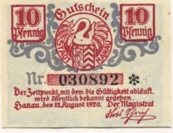 Hanau - Stadt - 12.8.1920 - 10 Pfennig