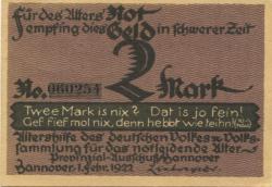 Hannover - Altershilfe des deutschen Volkes, Provinzialausschuss Hannover - 1.2.1922 - 2 Mark