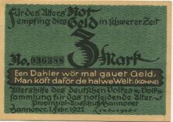 Hannover - Altershilfe des deutschen Volkes, Provinzialausschuss Hannover - 1.2.1922 - 3 Mark