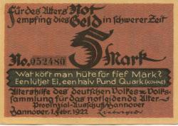 Hannover - Altershilfe des deutschen Volkes, Provinzialausschuss Hannover - 1.2.1922 - 5 Mark