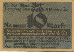 Hannover - Altershilfe des deutschen Volkes, Provinzialausschuss Hannover - 1.2.1922 - 10 Mark