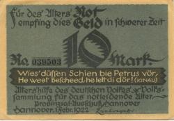 Hannover - Altershilfe des deutschen Volkes, Provinzialausschuss Hannover - 1.2.1922 - 10 Mark
