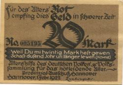 Hannover - Altershilfe des deutschen Volkes, Provinzialausschuss Hannover - 1.2.1922 - 20 Mark