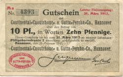 Hannover - Continental Caoutchouc und Guttapercha Co, Philippsbornstr. 1 - 21.2.1917 - 31.3.1917 - 10 Pfennig