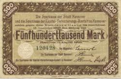 Hannover - Stadt, Sparkasse der Stadt und Sparkasse der Kapital-Versicherungs-Anstalt - 13.8.1923 - 15.9.1923 - 500000 Mark