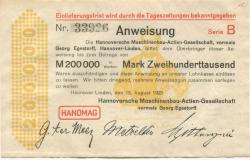 Hannover-Linden - Hannoversche Maschinenbau AG, vormals Georg Egestorff - 15.8.1923 - 200000 Mark