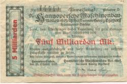 Hannover-Linden - Hannoversche Maschinenbau AG, vormals Georg Egestorff - 24.10.1923 - 5 Milliarden Mark 