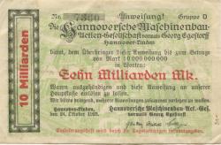 Hannover-Linden - Hannoversche Maschinenbau AG, vormals Georg Egestorff - 24.10.1923 - 10 Milliarden Mark