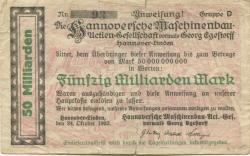 Hannover-Linden - Hannoversche Maschinenbau AG, vormals Georg Egestorff - 24.10.1923 - 50 Milliarden Mark