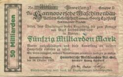 Hannover-Linden - Hannoversche Maschinenbau AG, vormals Georg Egestorff - 24.10.1923 - 50 Milliarden Mark