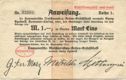 Hannover-Linden - Hannoversche Maschinenbau AG, vormals Georg Egestorff - 30.9.1916 - 1 Mark