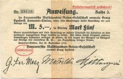 Hannover-Linden - Hannoversche Maschinenbau AG, vormals Georg Egestorff - 30.9.1916 - 5 Mark