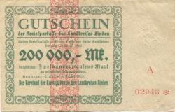 Hannover-Linden - Kreissparkasse des Landkreises Linden - 4.8.1923 - 13.8.1923 - 200000 Mark