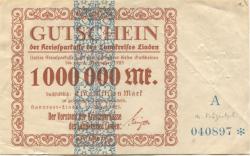 Hannover-Linden - Kreissparkasse des Landkreises Linden - 10.8.1923 - 1.9.1923 - 1 Million Mark
