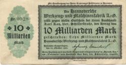 Hannover und Langenhagen - Hannoversche Werkzeug und Maschinenfabrik AG - 24.10.1923 - 10 Milliarden Mark
