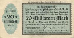Hannover und Langenhagen - Hannoversche Werkzeug und Maschinenfabrik AG - 24.10.1923 - 20 Milliarden Mark