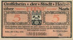Haspe (heute: Hagen) - Stadt - 1.12.1918 - 1.2.1919 - 5 Mark