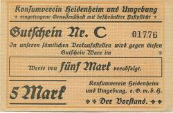 Heidenheim - Konsum-Verein Heidenheim und Umgebung eGmbH - -- 5 Mark