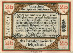 Helgoland - Spar- und Leihkasse - Oktober 1919 - 25 Pfennig