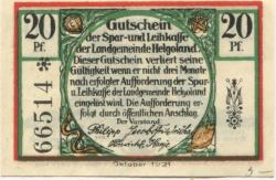 Helgoland - Spar- und Leihkasse - Oktober 1921 - 20 Pfennig