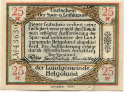 Helgoland - Spar- und Leihkasse - Oktober 1921 - 25 Pfennig