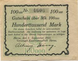 Herne - Vereinigte Kaufmannschaft - 1.9.1923 - 100000 Mark
