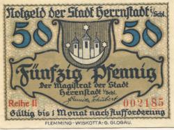 Herrnstadt (heute: PL-Wasosz) - Stadt - -- - 50 Pfennig