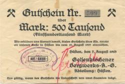 Hüsten (heute: Arnsberg) - Gelsenkirchener Bergwerks AG, Abteilung Hüsten, Weiß- und Feinblech-Walzwerke - 7.8.1923 - 15.8.1923 - 500000 Mark