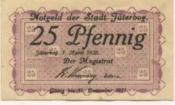 Jüterbog - Stadt - 1.4.1920 - 31.12.1921 - 25 Pfennig 