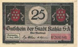 Kahla - Stadt - 15.8.1921 - 31.12.1921 - 25 Pfennig 