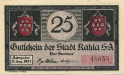 Kahla - Stadt - 15.8.1921 - 31.12.1921 - 25 Pfennig 