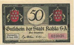 Kahla - Stadt - 15.8.1921 - 31.12.1921 - 50 Pfennig