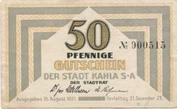 Kahla - Stadt - 15.8.1921 - 31.12.1921 - 50 Pfennig 