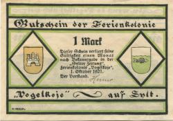 Kampen - Ferienkolonie Vogelkoje - 1.10.1921 - 1 Mark