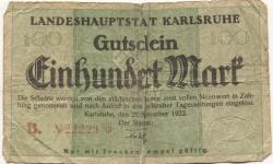 Karlsruhe - Stadt - 21.9.1922 - 100 Mark