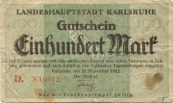 Karlsruhe - Stadt - 21.9.1922 - 100 Mark