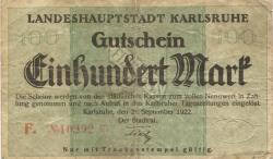 Karlsruhe - Stadt - 21.9.1922 - 100 Mark