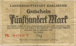 Karlsruhe - Stadt - 21.9.1922 - 500 Mark