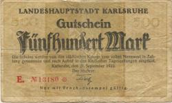Karlsruhe - Stadt - 21.9.1922 - 500 Mark