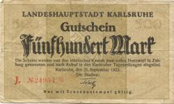 Karlsruhe - Stadt - 21.9.1922 - 500 Mark
