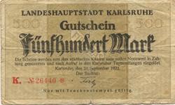 Karlsruhe - Stadt - 21.9.1922 - 500 Mark