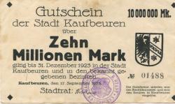 Kaufbeuren - Stadt - 17.9.1923 - 31.12.1923 - 10 Millionen Mark