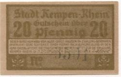 Kempen - Stadt - 9.3.1920 - 20 Pfennig