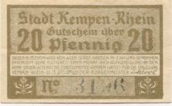 Kempen - Stadt - 9.3.1920 - 20 Pfennig
