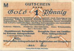 Kotzenau (heute: PL-Chocianów) - Eisenhüttenwerk Marienhütte AG, vormals Schlittgen & Haase - 3.11.1923 - 1 Gold-Pfennig
