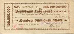 Ladenburg - Fetzer, G., GmbH - 11.10.1923 - 100 Millionen Mark 