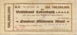 Ladenburg - Fetzer, G., GmbH - 11.10.1923 - 100 Millionen Mark